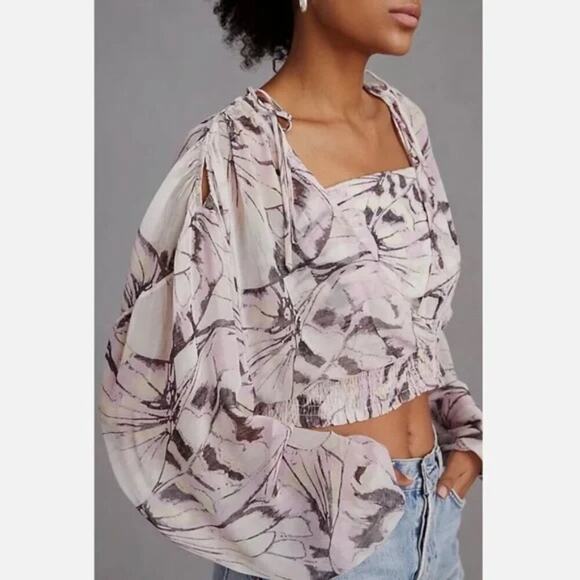 Anthropologie Sheer Printed Peasant Blouse - Picture 1 of 11